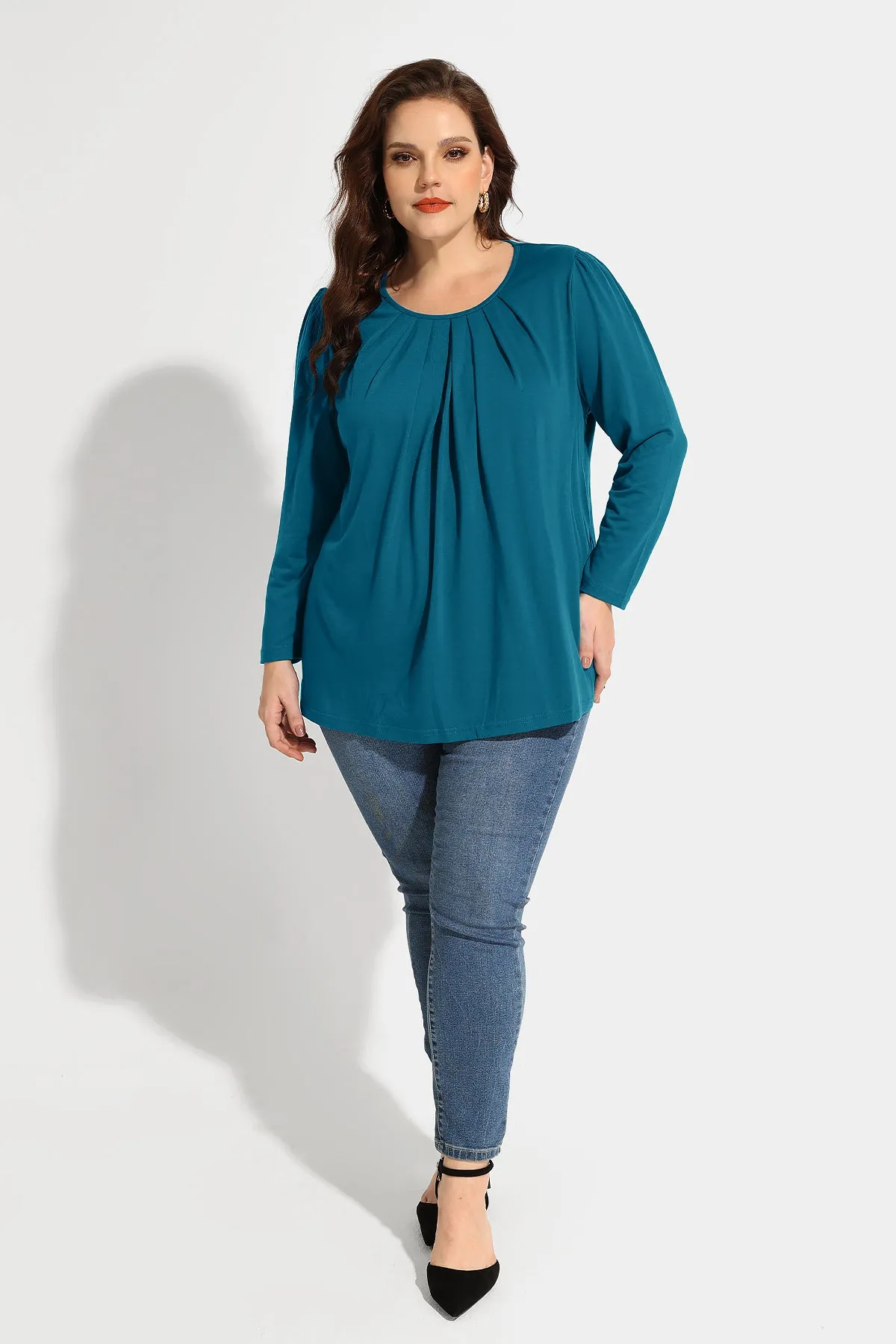 Pleated Flowy Crewneck Long Sleeve Blouse