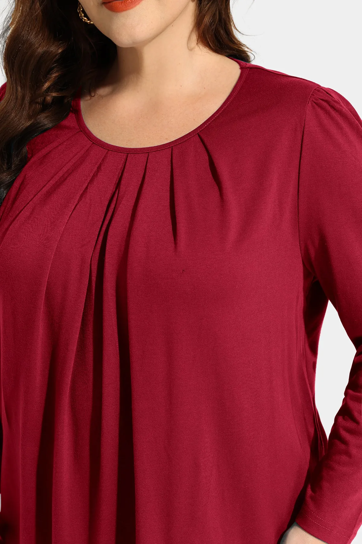 Pleated Flowy Crewneck Long Sleeve Blouse
