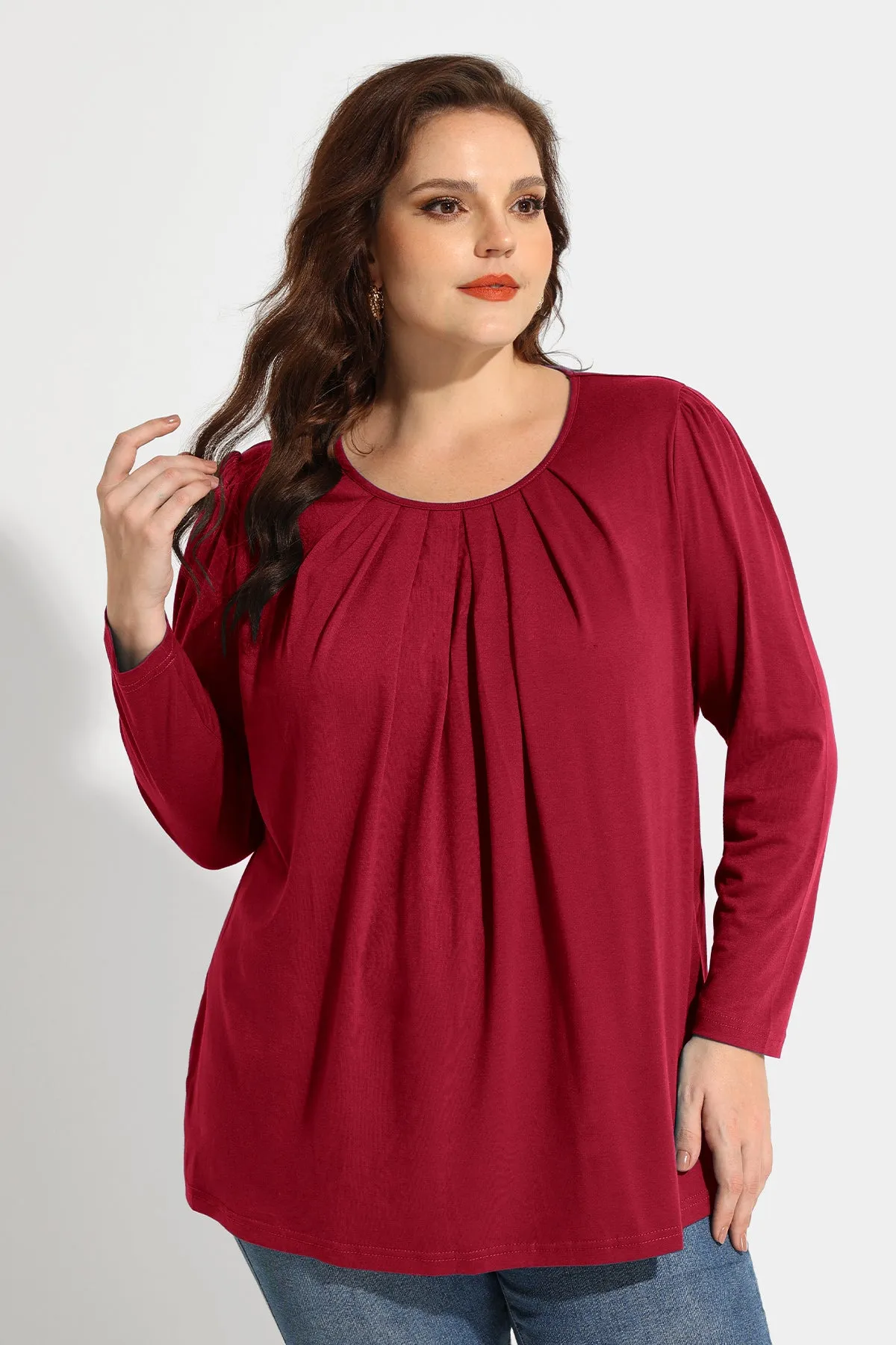 Pleated Flowy Crewneck Long Sleeve Blouse