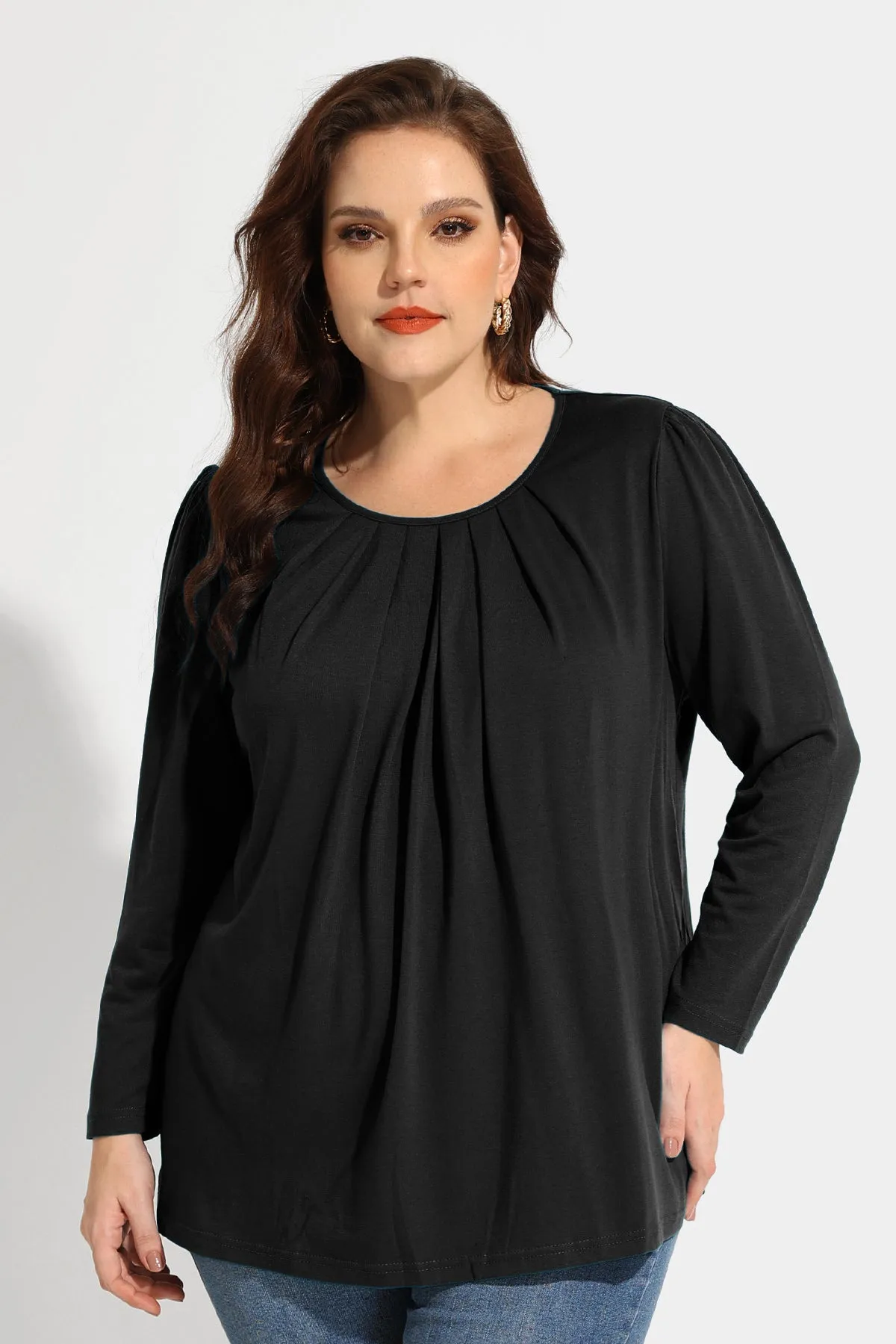 Pleated Flowy Crewneck Long Sleeve Blouse