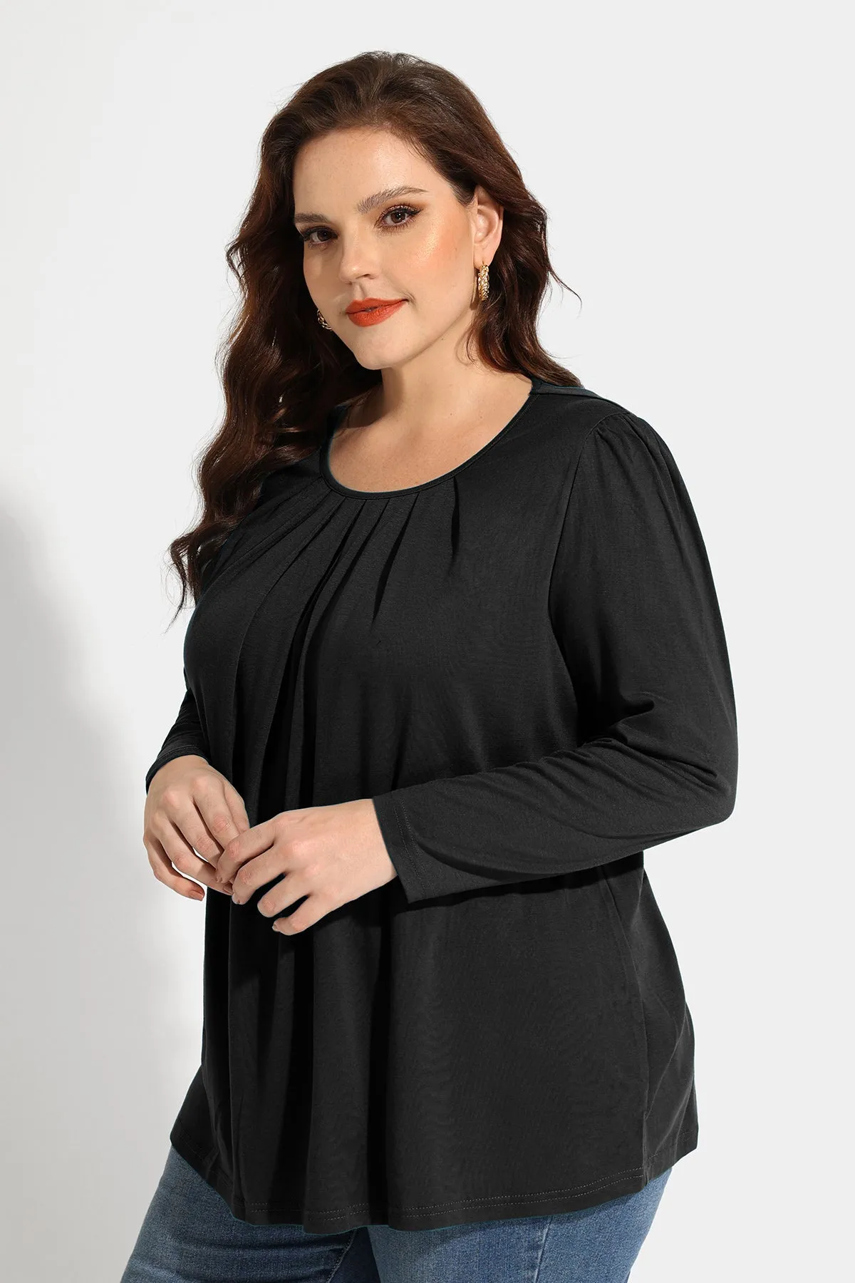 Pleated Flowy Crewneck Long Sleeve Blouse
