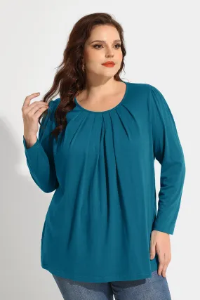 Pleated Flowy Crewneck Long Sleeve Blouse