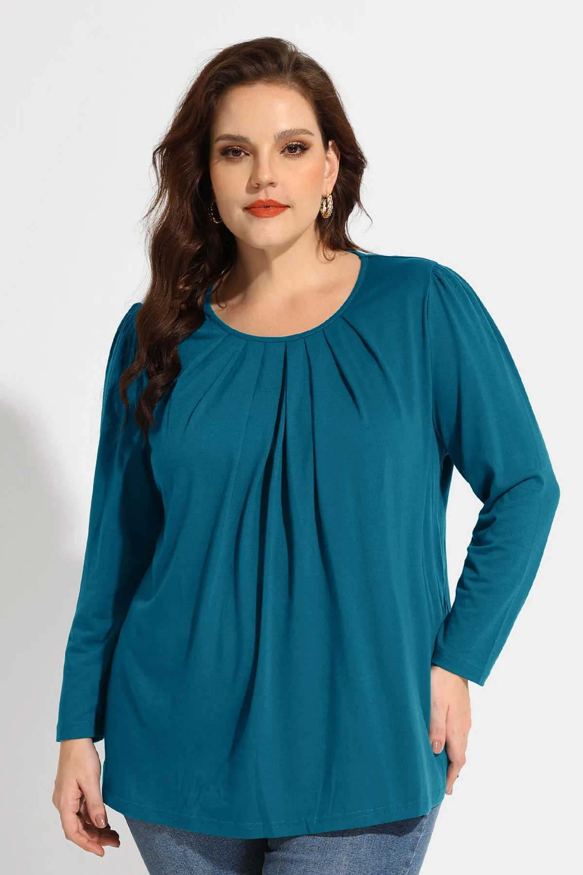 Pleated Flowy Crewneck Long Sleeve Blouse