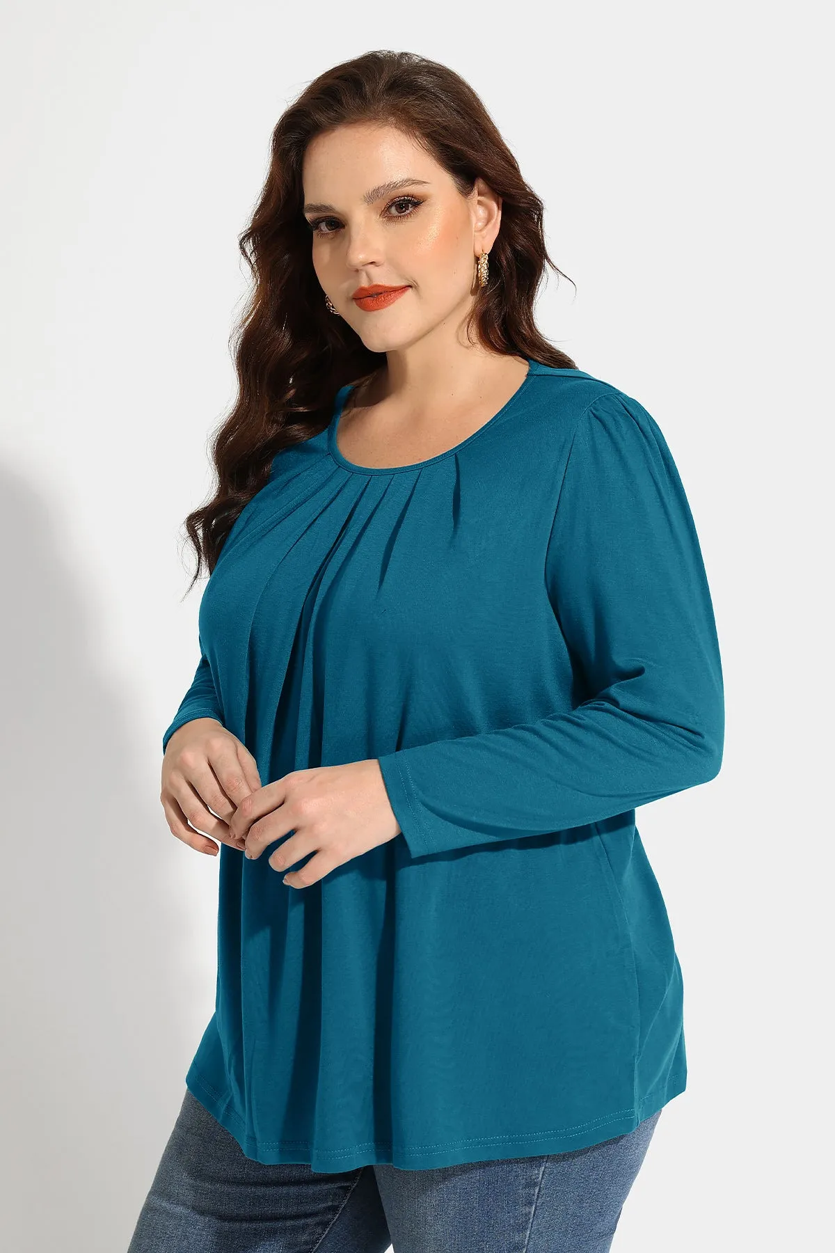 Pleated Flowy Crewneck Long Sleeve Blouse