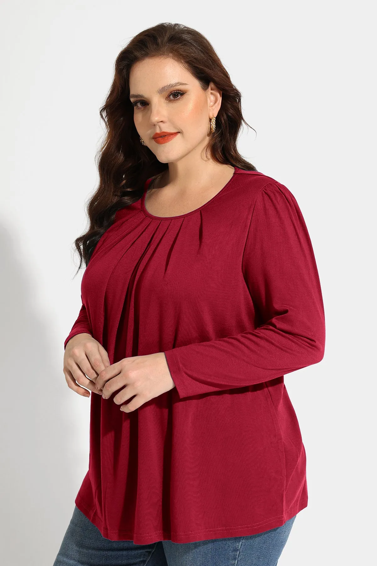 Pleated Flowy Crewneck Long Sleeve Blouse