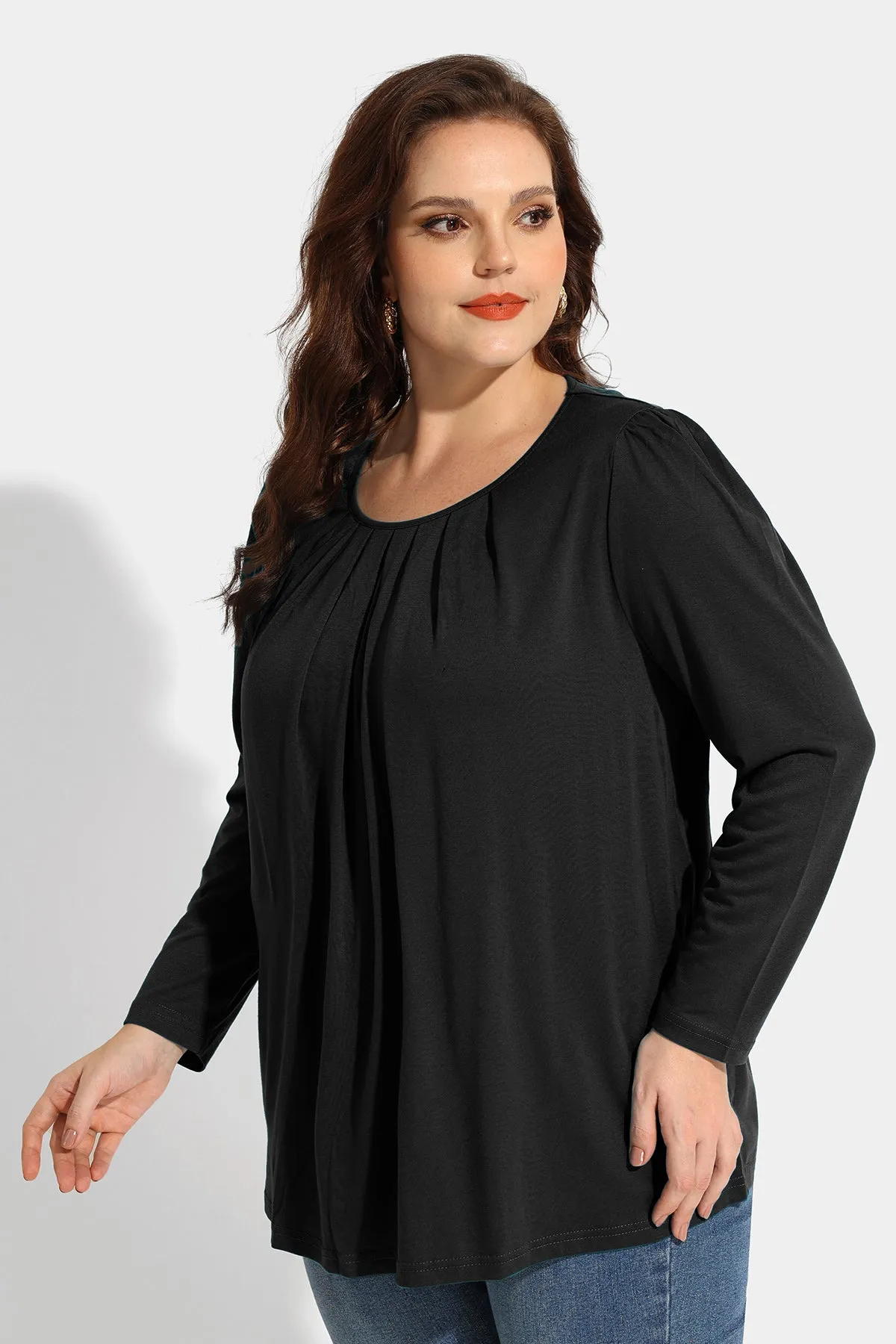 Pleated Flowy Crewneck Long Sleeve Blouse