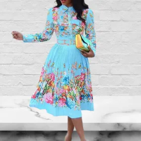 Pleated Print Long Sleeve Mid-Calf Lapel Standard-Waist Pullover A-line Dress
