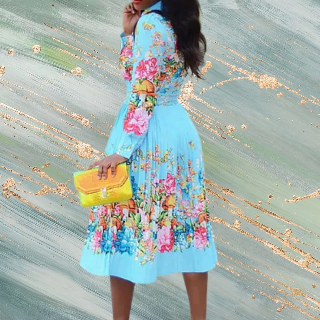 Pleated Print Long Sleeve Mid-Calf Lapel Standard-Waist Pullover A-line Dress