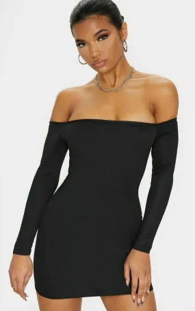 PrettyLittleThing Black Bardot Bodycon Dress Size 6