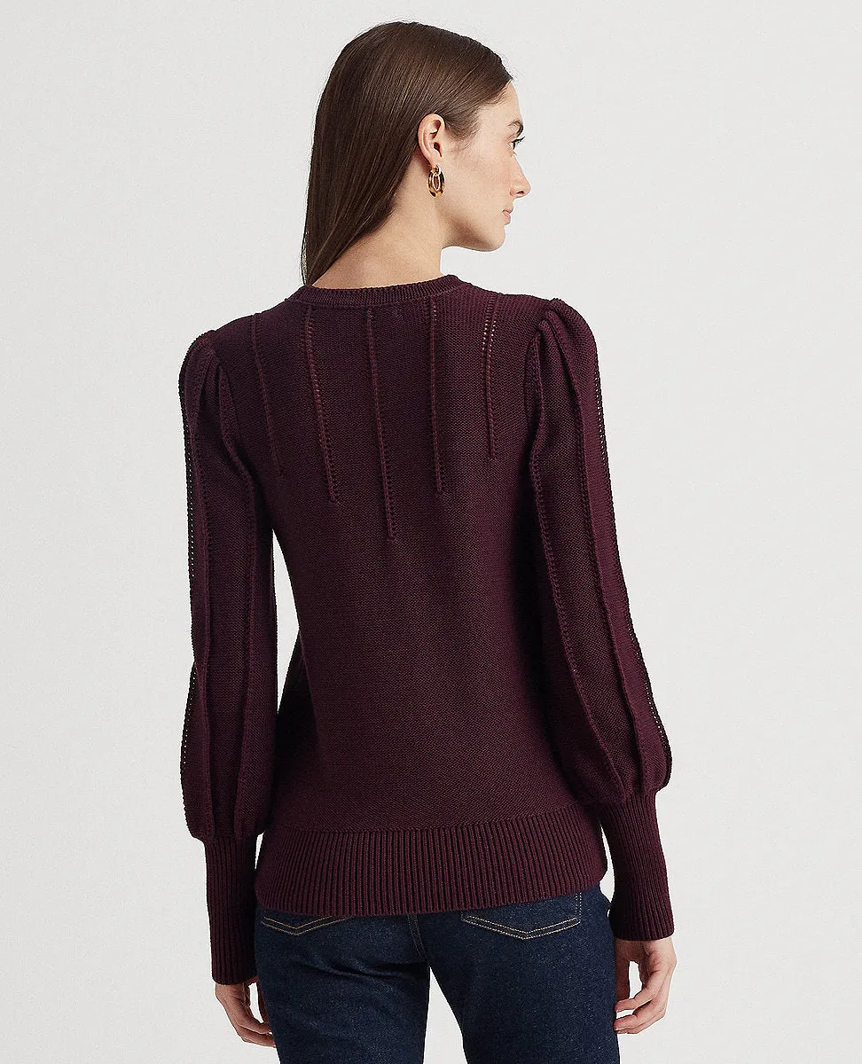 Puff-Sleeve Cotton Sweater In Dark Red