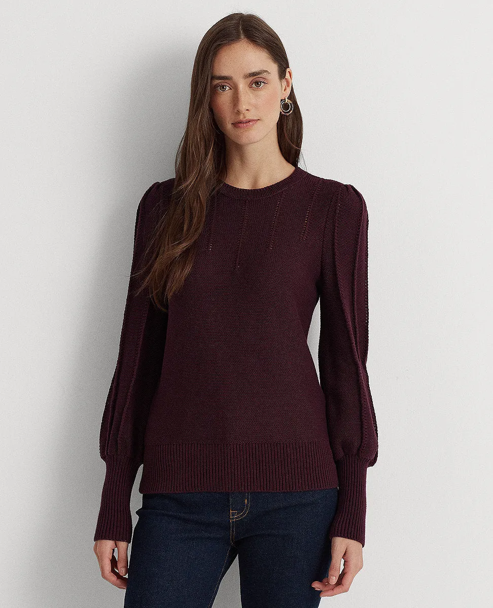 Puff-Sleeve Cotton Sweater In Dark Red