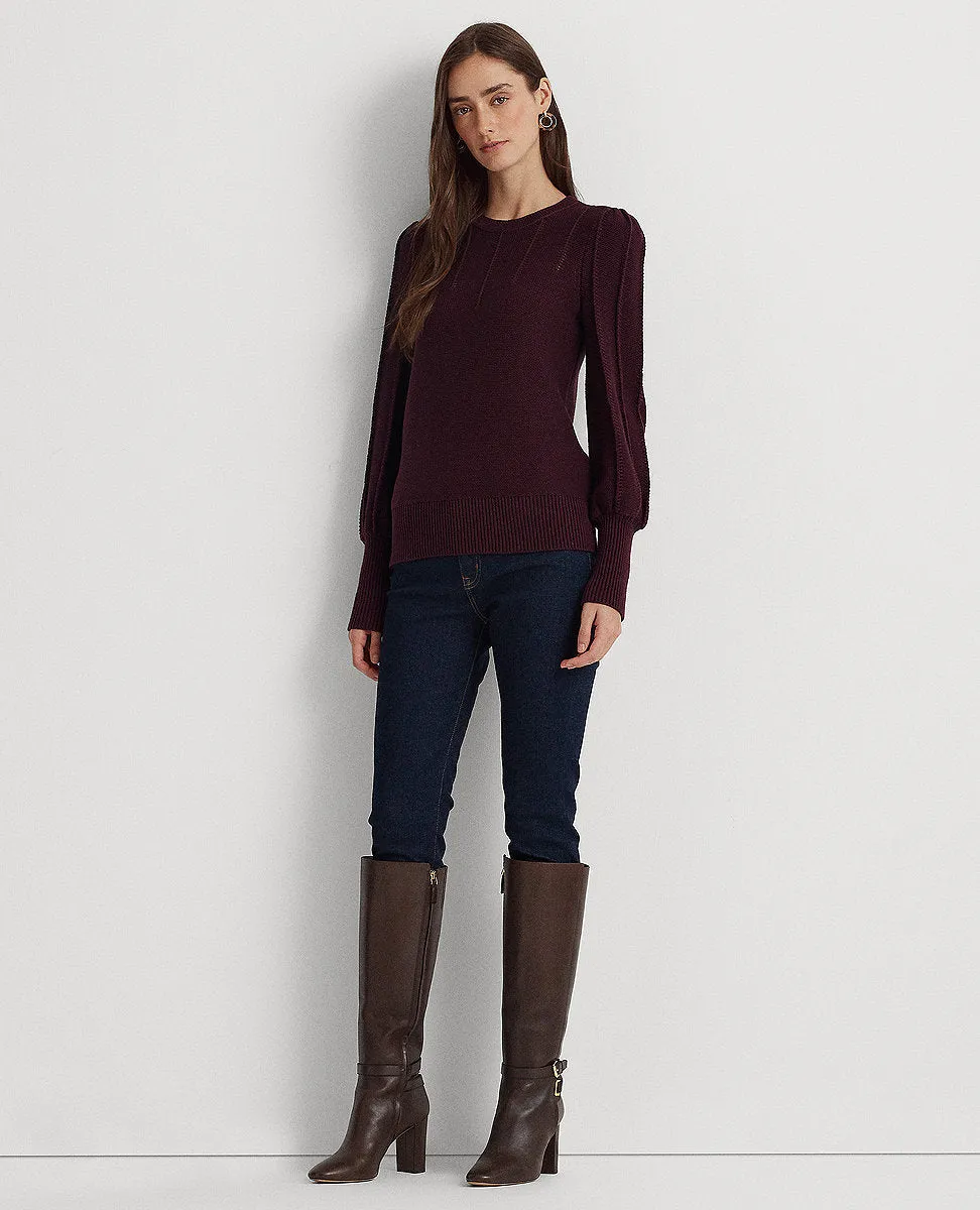 Puff-Sleeve Cotton Sweater In Dark Red