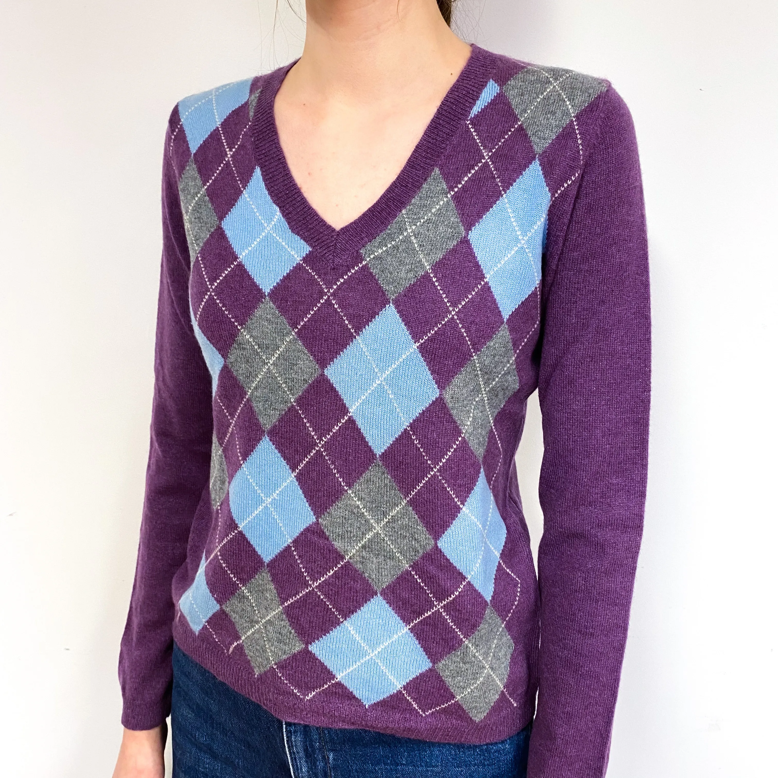 Purple Blue Argyle Cashmere V-Neck Jumper Extra Small