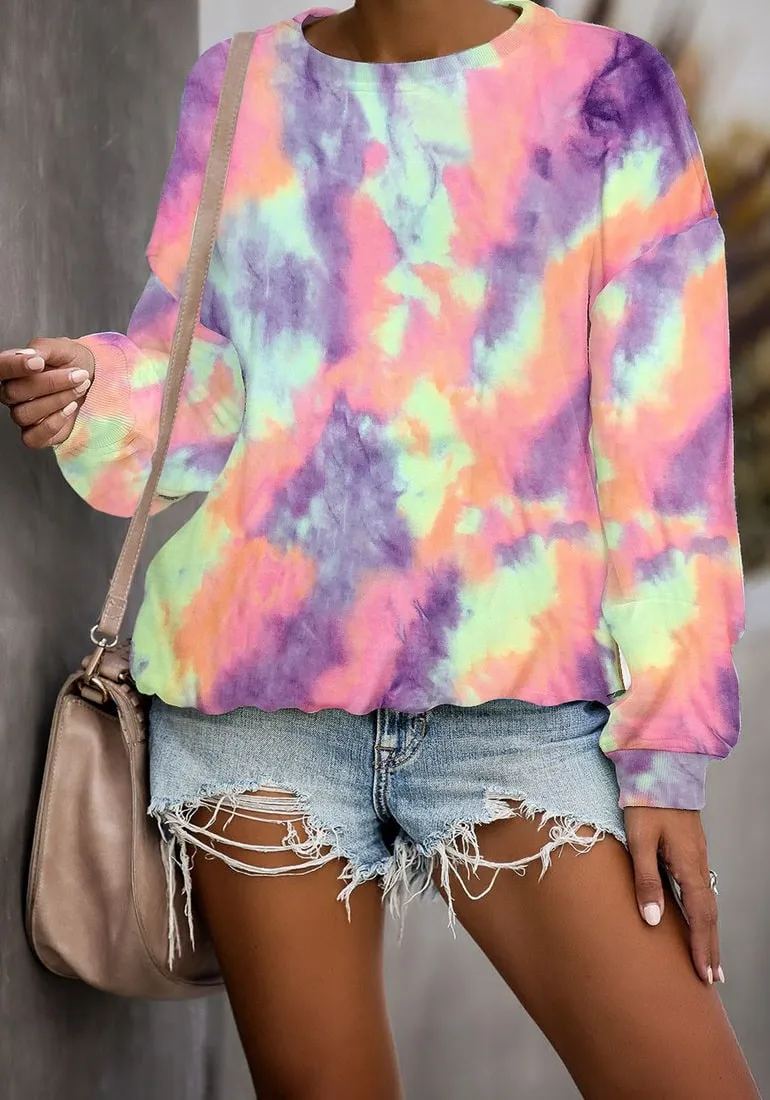 Purple Tie-Dye Crewneck Drop Shoulder Pullover Sweater
