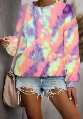 Purple Tie-Dye Crewneck Drop Shoulder Pullover Sweater