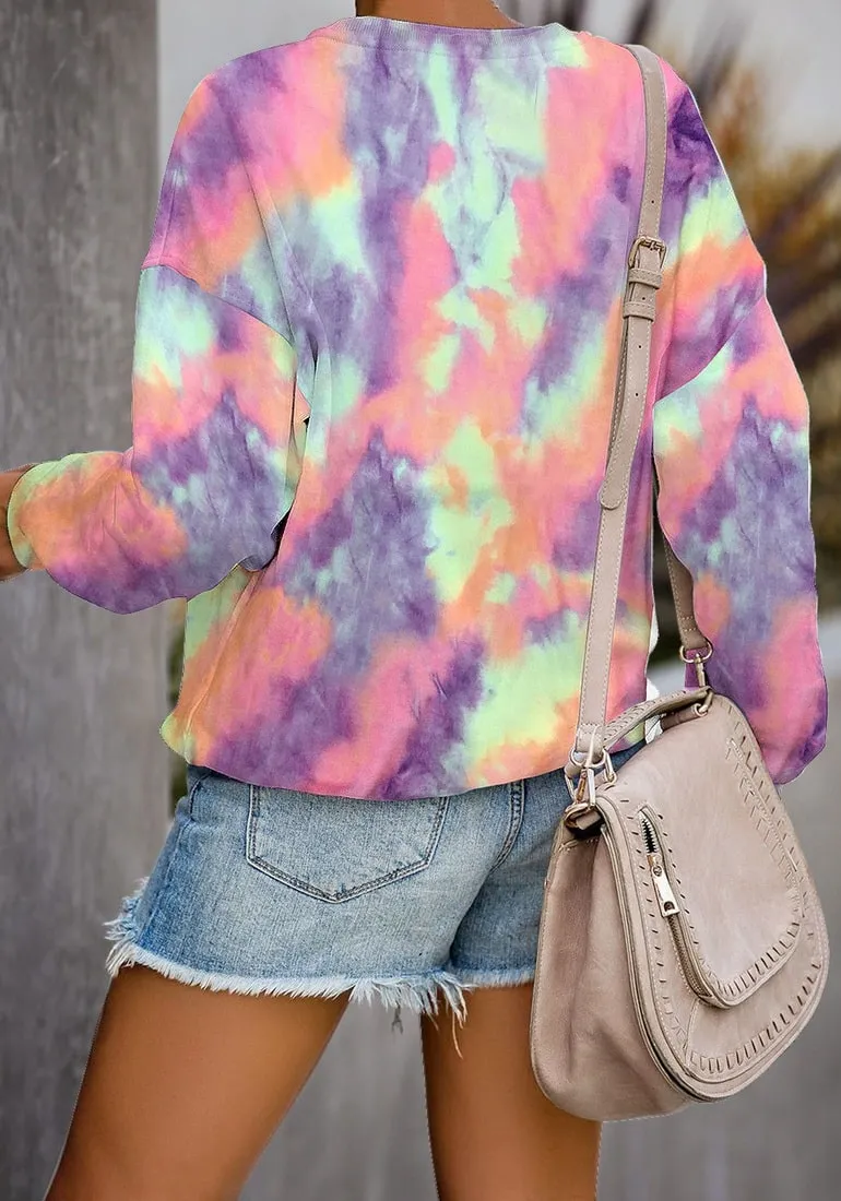 Purple Tie-Dye Crewneck Drop Shoulder Pullover Sweater
