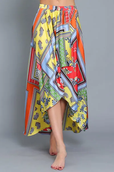 Red Yellow Wrap Midi Skirt