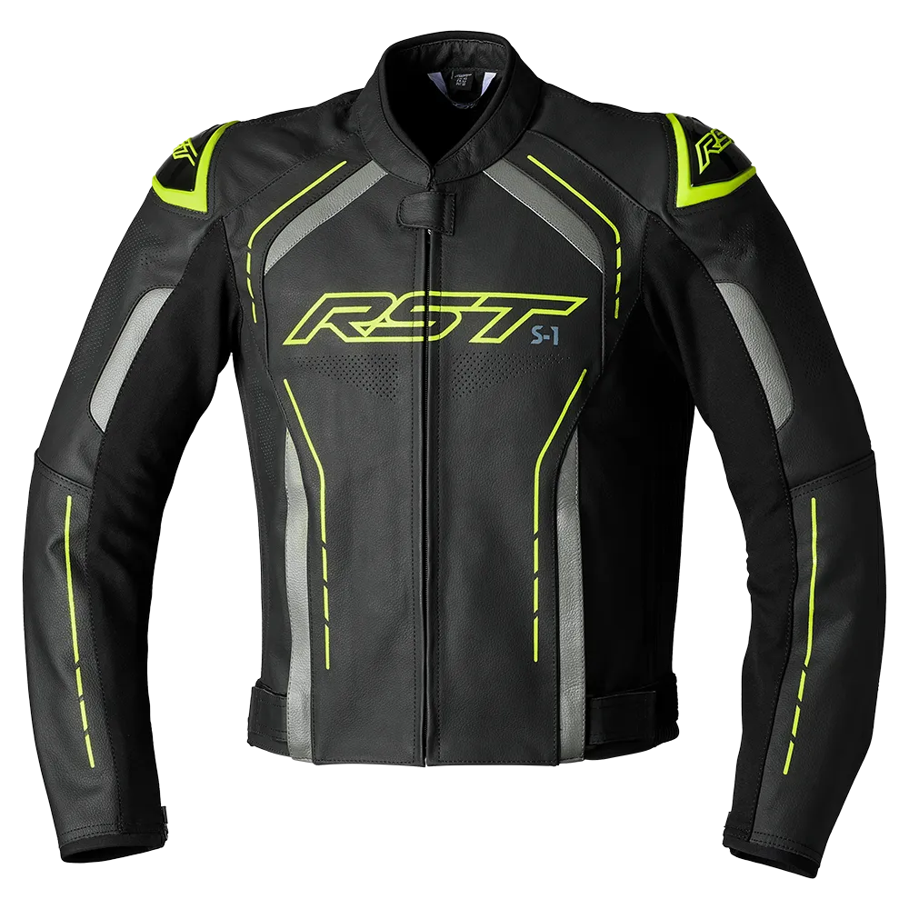 S1 CE Mens Leather Jacket - Black / Grey / Flo Yellow