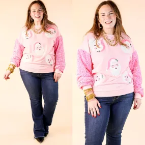 Sequin Santa Crewneck Sweatshirt with Velvet Sleeves in Light Pink