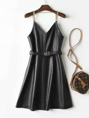 Sexy sheepskin dress with leather chain straps
