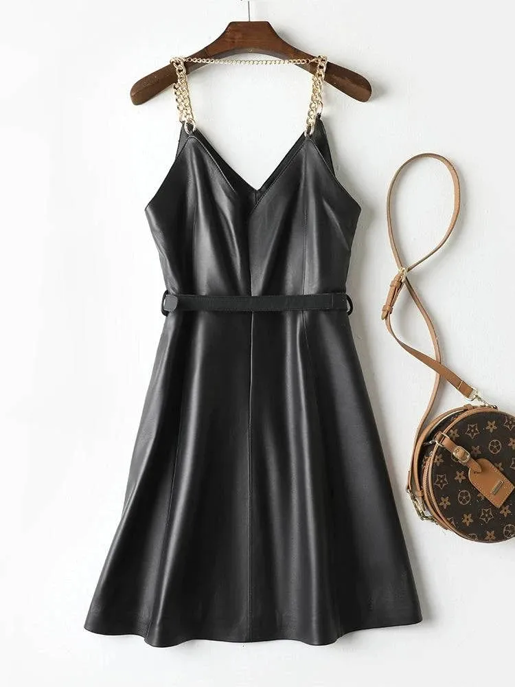 Sexy sheepskin dress with leather chain straps