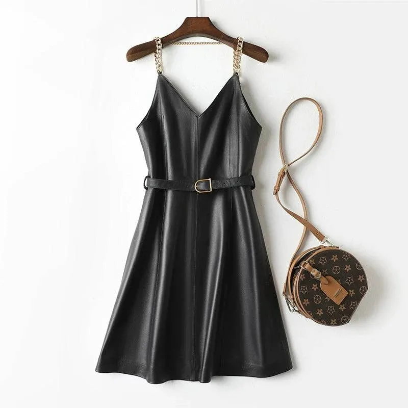 Sexy sheepskin dress with leather chain straps