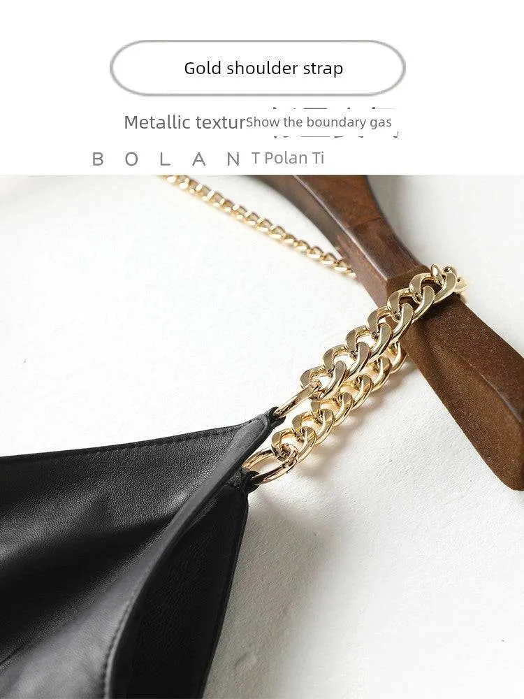 Sexy sheepskin dress with leather chain straps
