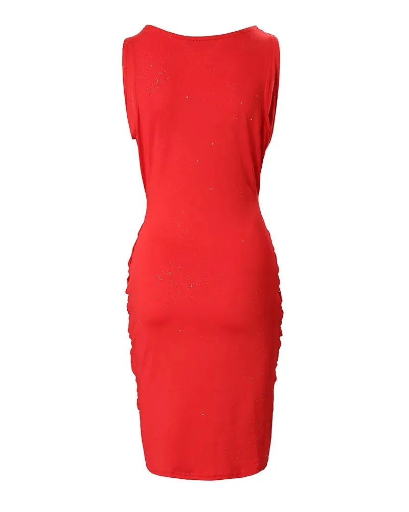 Sexy Women’s Twist Design Plunging Neck Glitter Party Dress – Sleeveless Bodycon Mini Dress for Summer, Elegant Red Skinny Dress