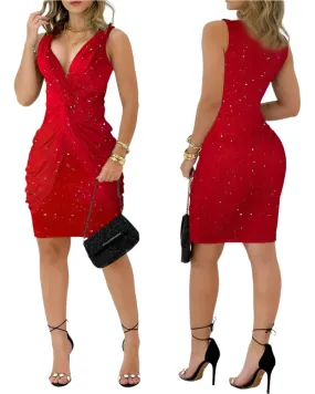 Sexy Women’s Twist Design Plunging Neck Glitter Party Dress – Sleeveless Bodycon Mini Dress for Summer, Elegant Red Skinny Dress