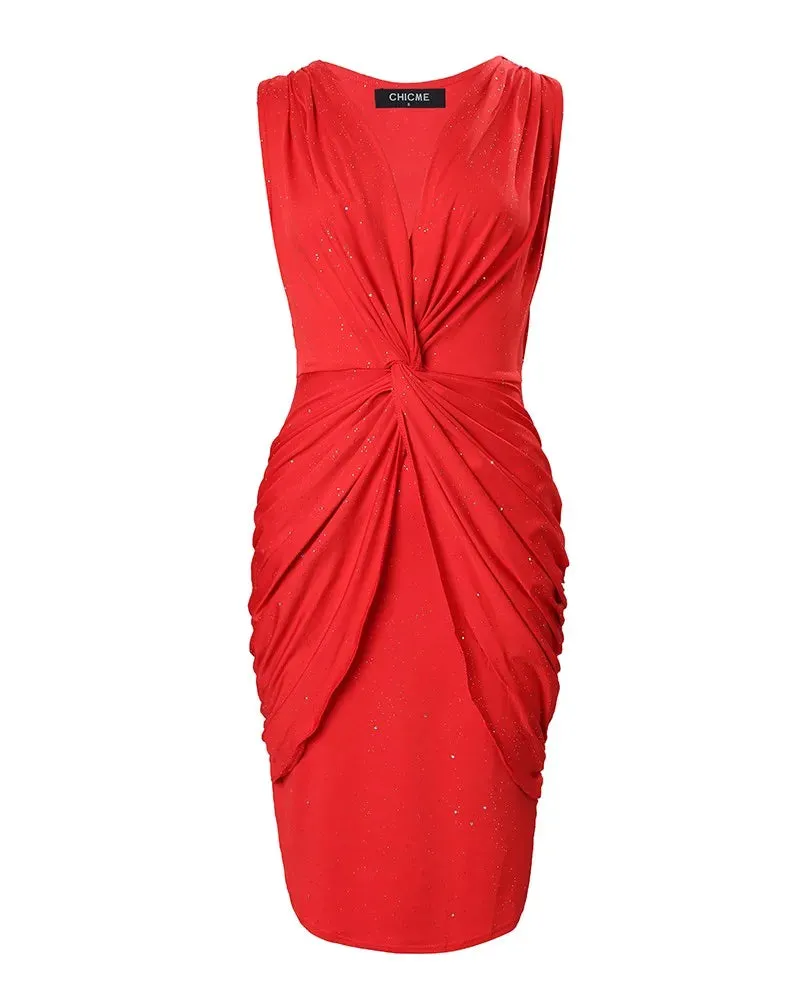Sexy Women’s Twist Design Plunging Neck Glitter Party Dress – Sleeveless Bodycon Mini Dress for Summer, Elegant Red Skinny Dress