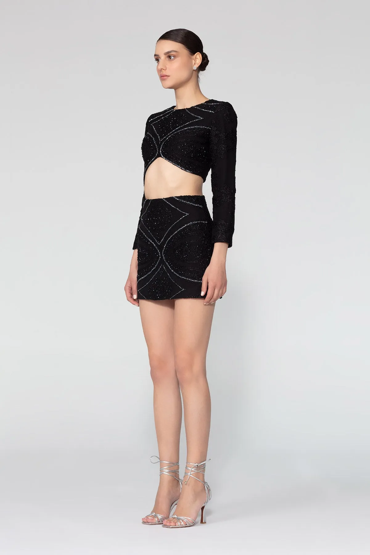 Simetric Patterned Beaded Mini Pencil Skirt