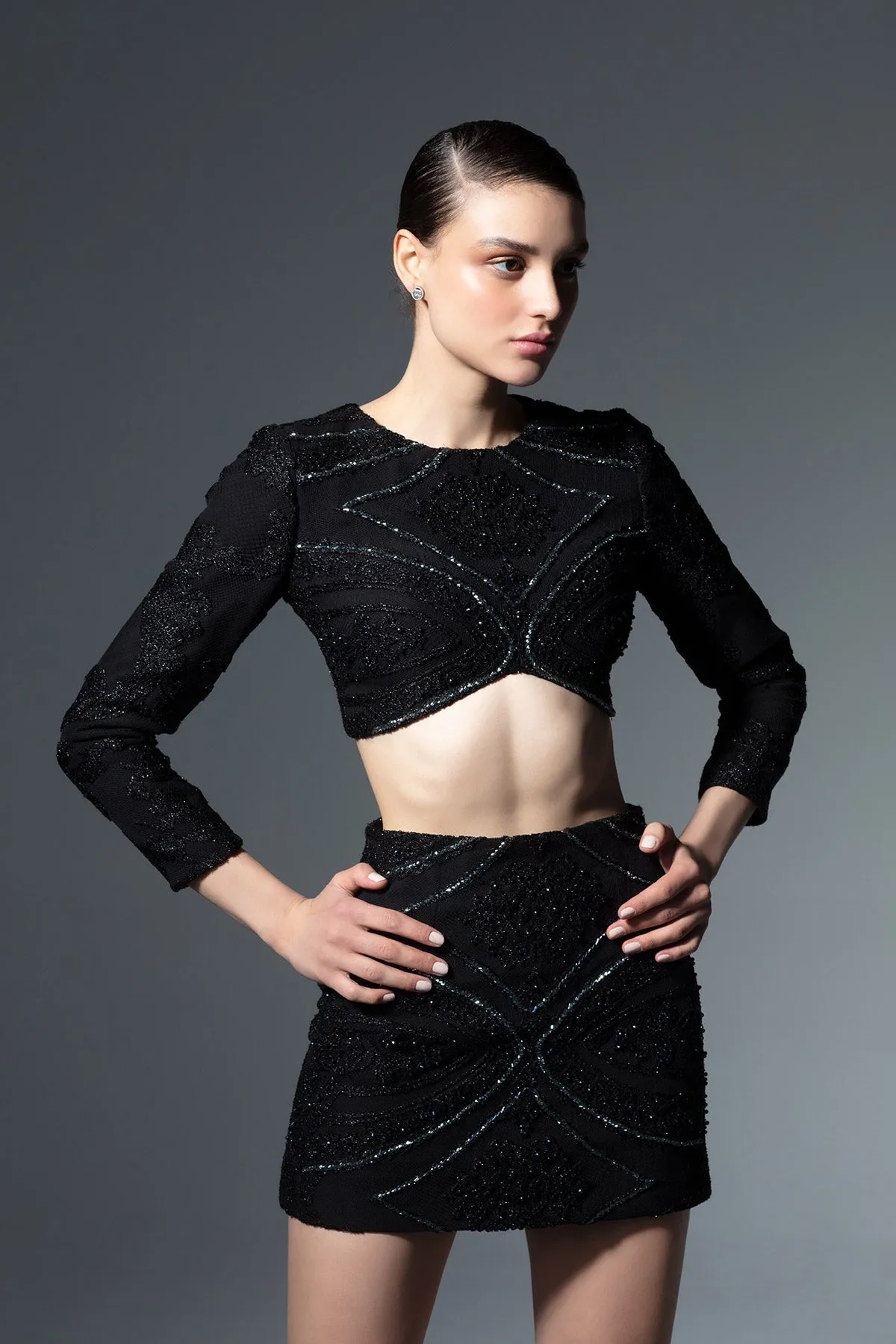 Simetric Patterned Beaded Mini Pencil Skirt