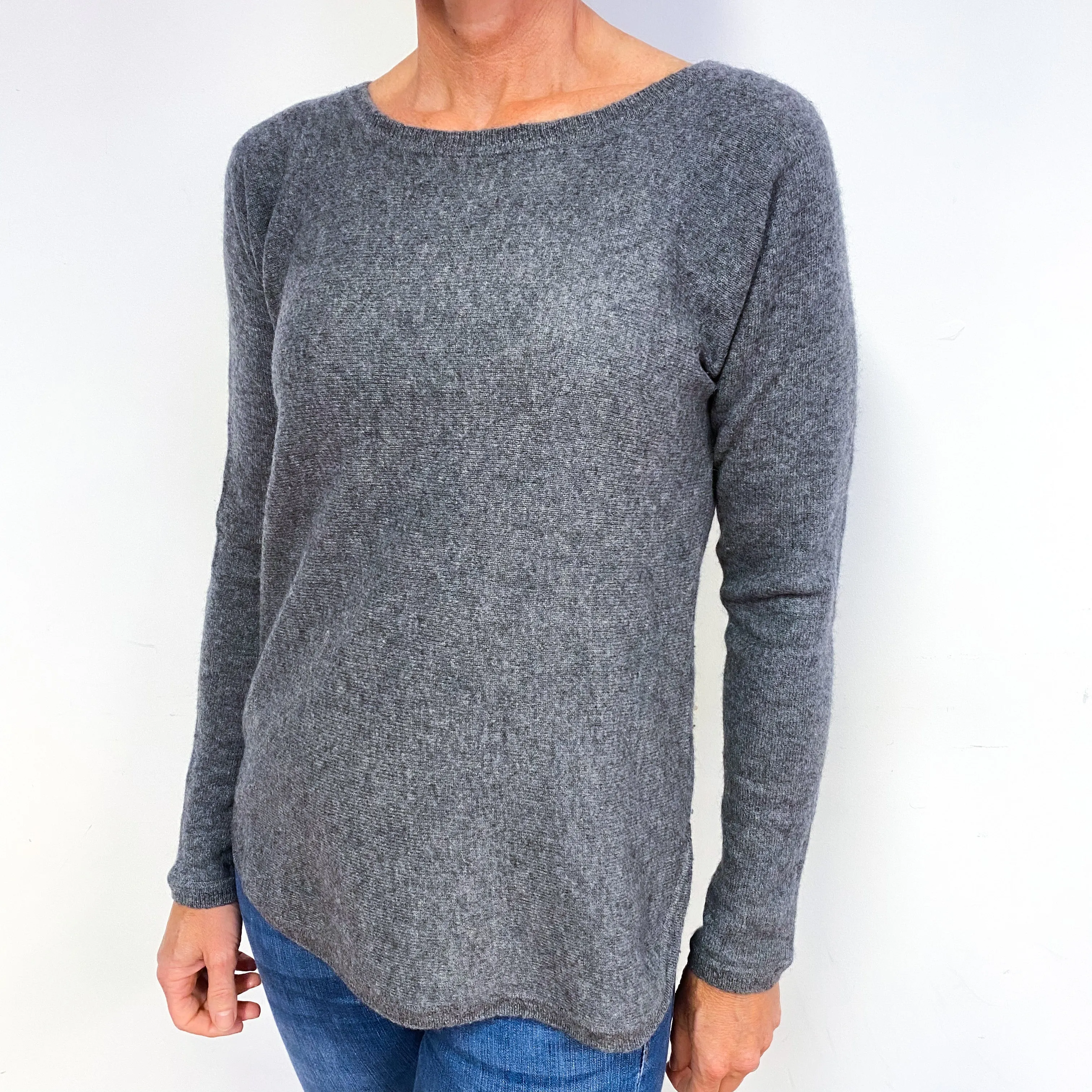 Slate Grey Scoop Hem Cashmere Crew Neck Jumper Medium