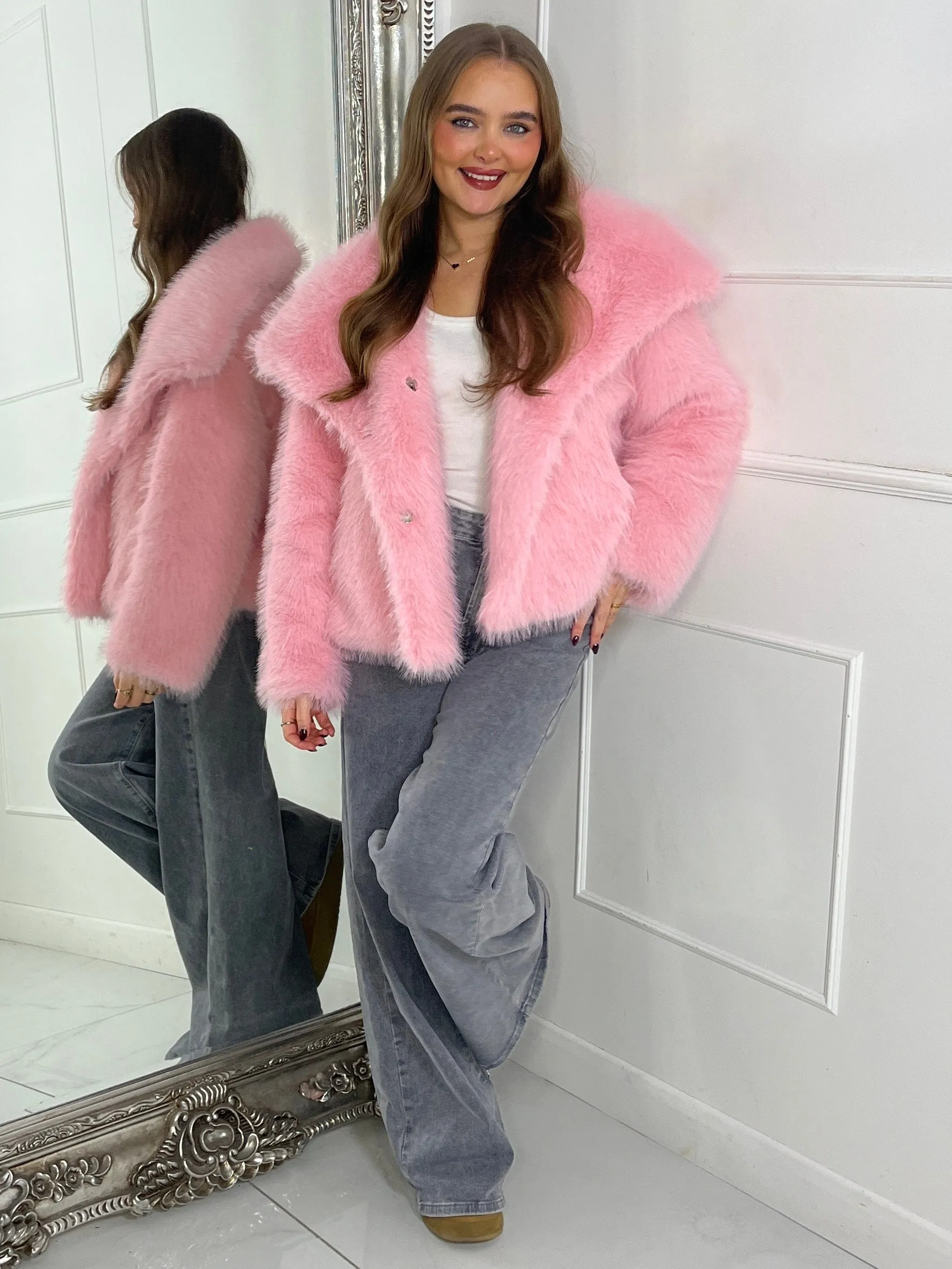 Soft Faux Fur Collar Detail Oversized Jacket - Baby Pink