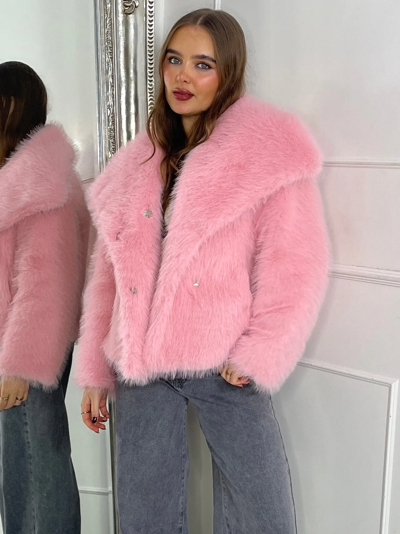 Soft Faux Fur Collar Detail Oversized Jacket - Baby Pink