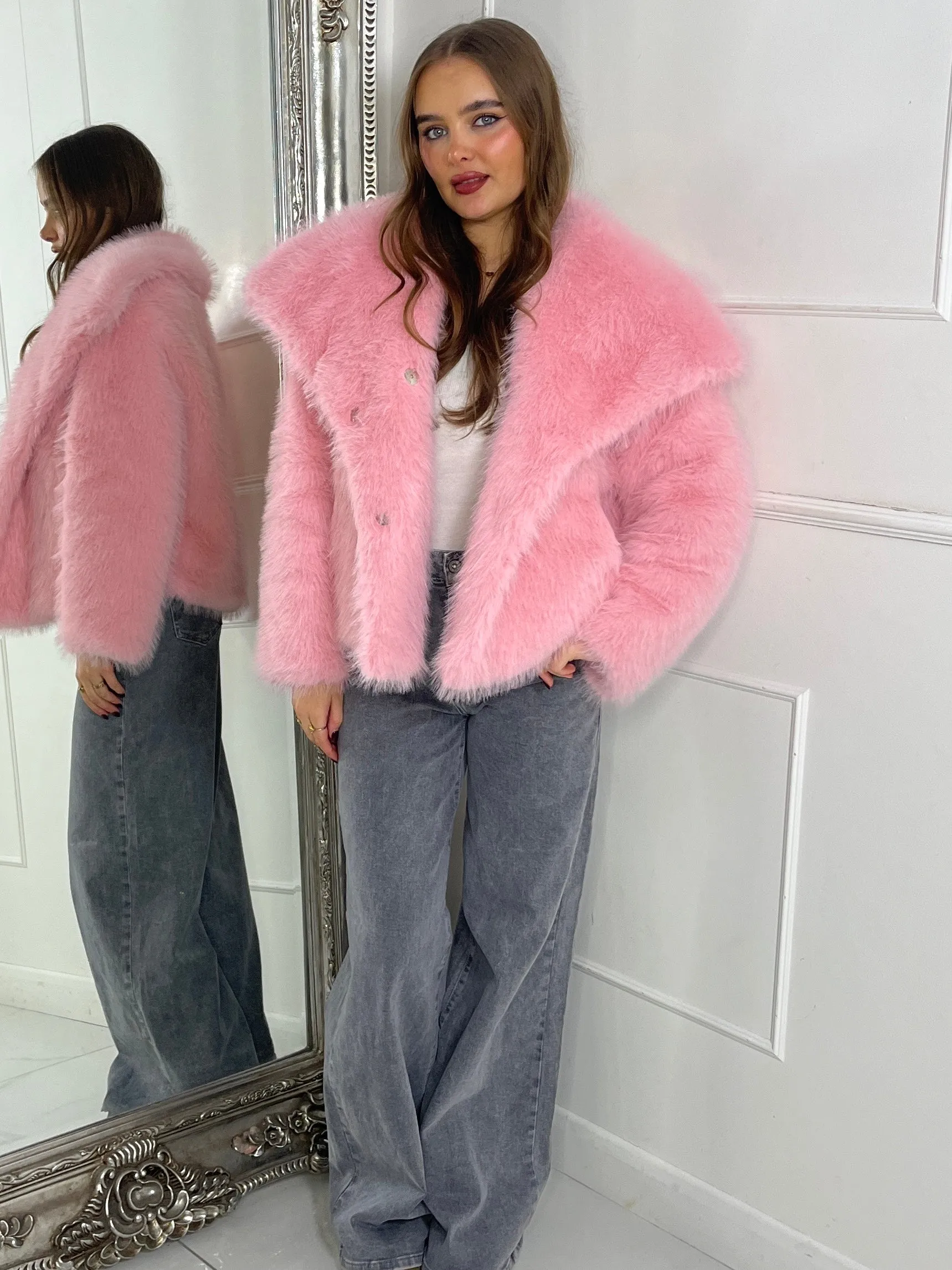 Soft Faux Fur Collar Detail Oversized Jacket - Baby Pink