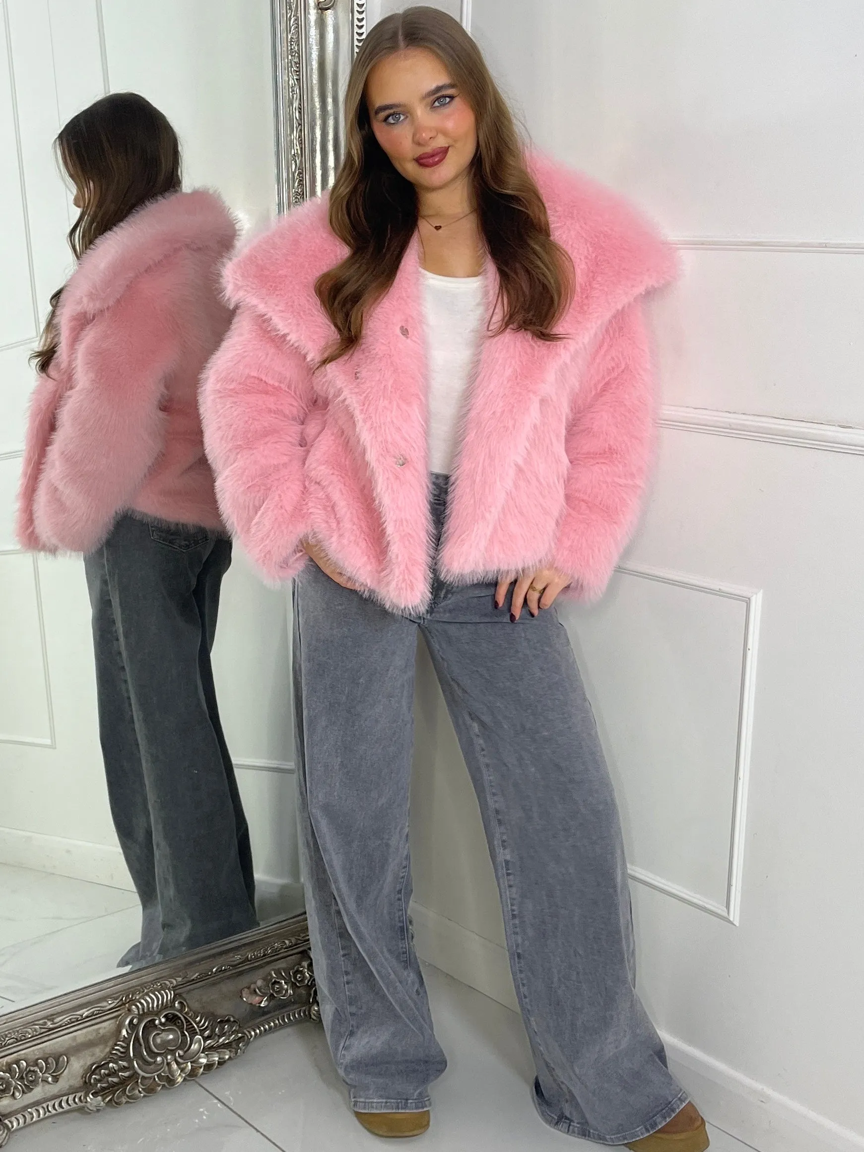 Soft Faux Fur Collar Detail Oversized Jacket - Baby Pink