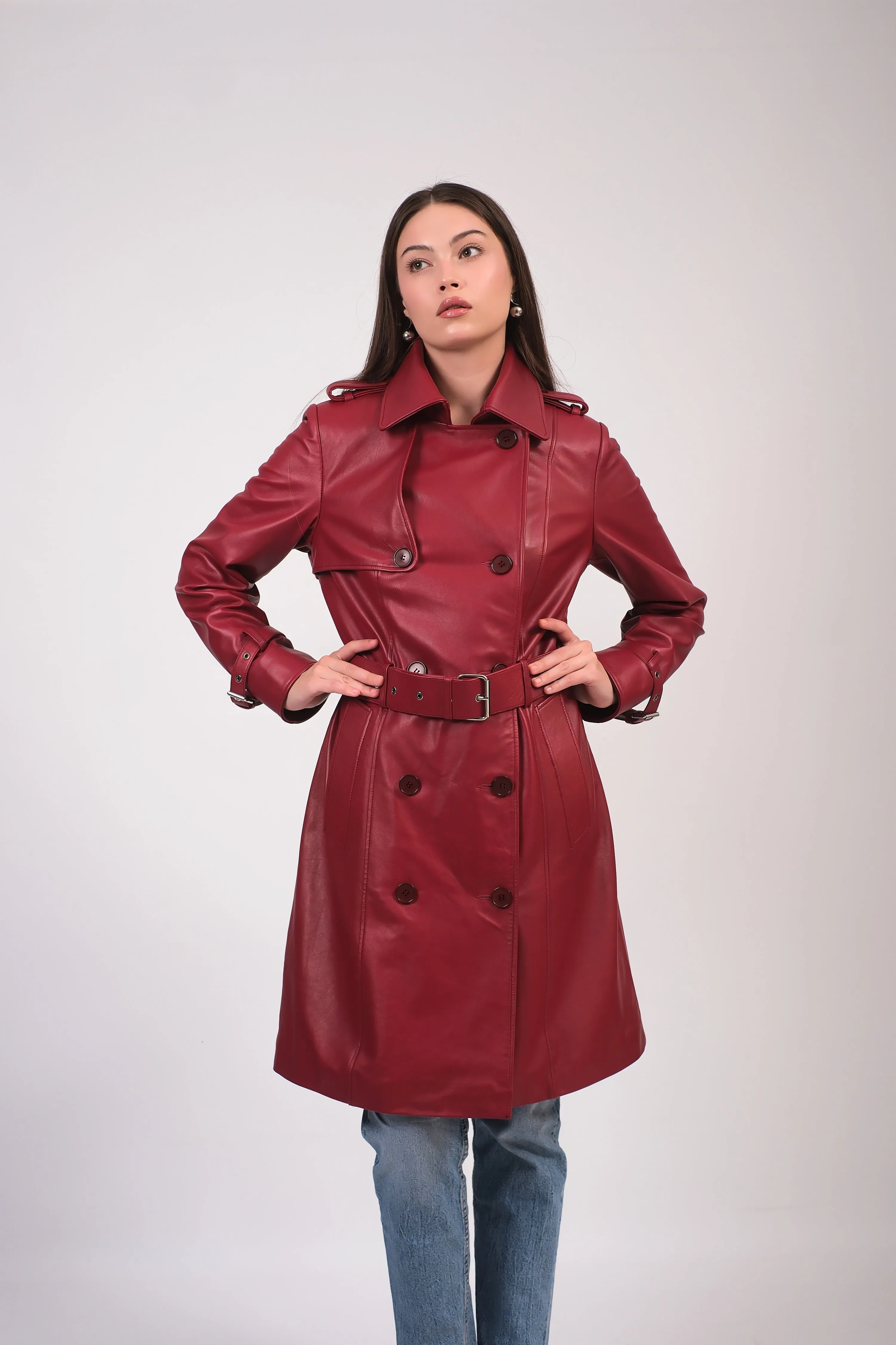 Soho Leather Trench Coat, Burgundy