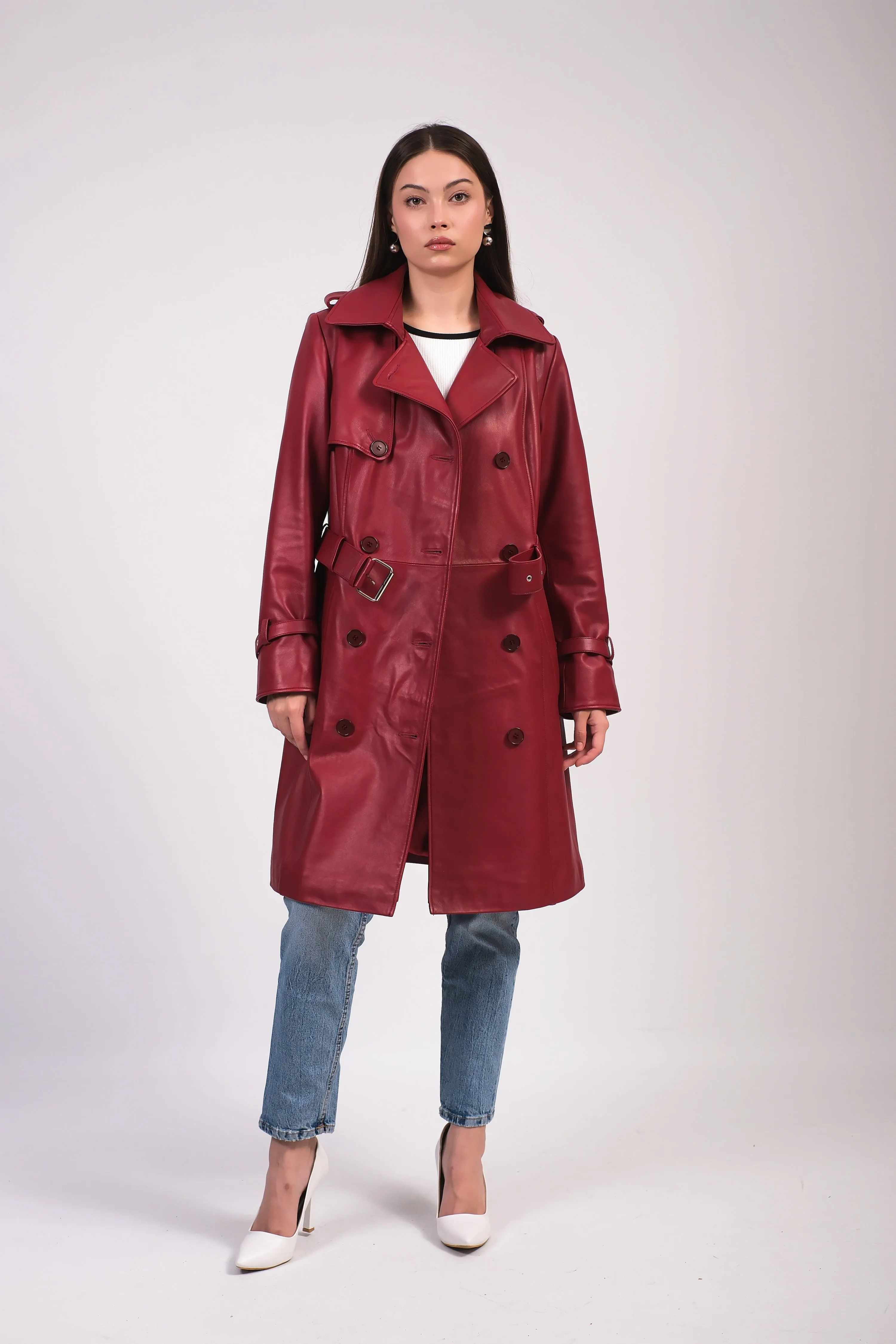 Soho Leather Trench Coat, Burgundy