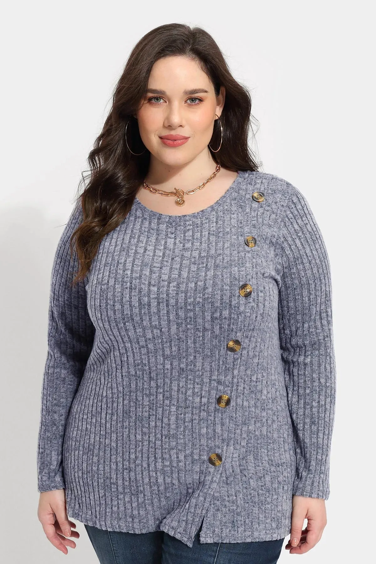 Solid Side Button Down Crewneck Velvet Shirt
