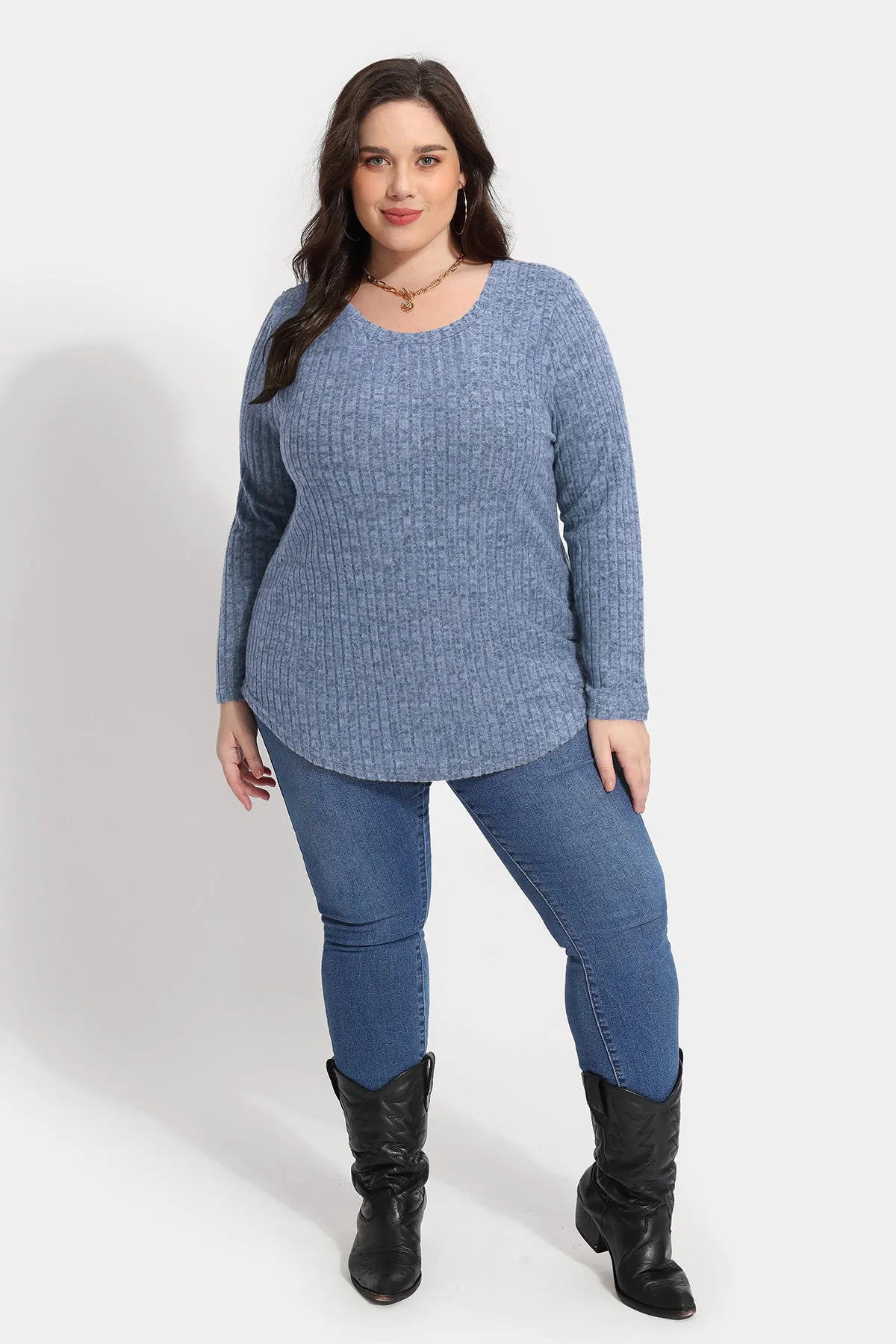 Solid Texture Crewneck Velvet Basic Top Sweater