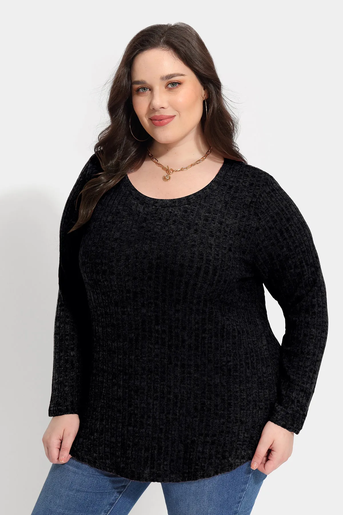 Solid Texture Crewneck Velvet Basic Top Sweater