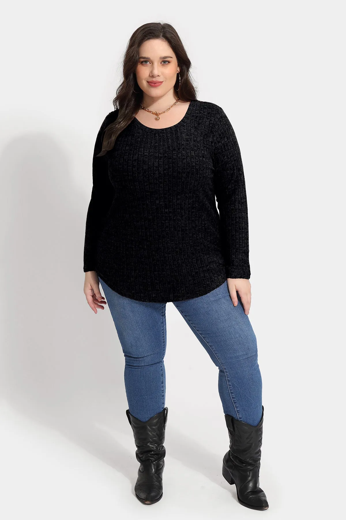 Solid Texture Crewneck Velvet Basic Top Sweater