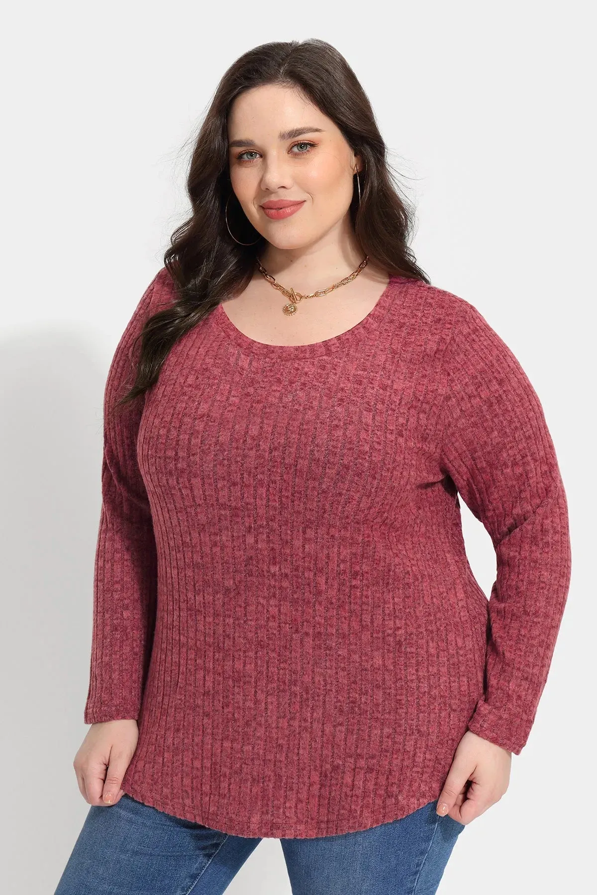 Solid Texture Crewneck Velvet Basic Top Sweater