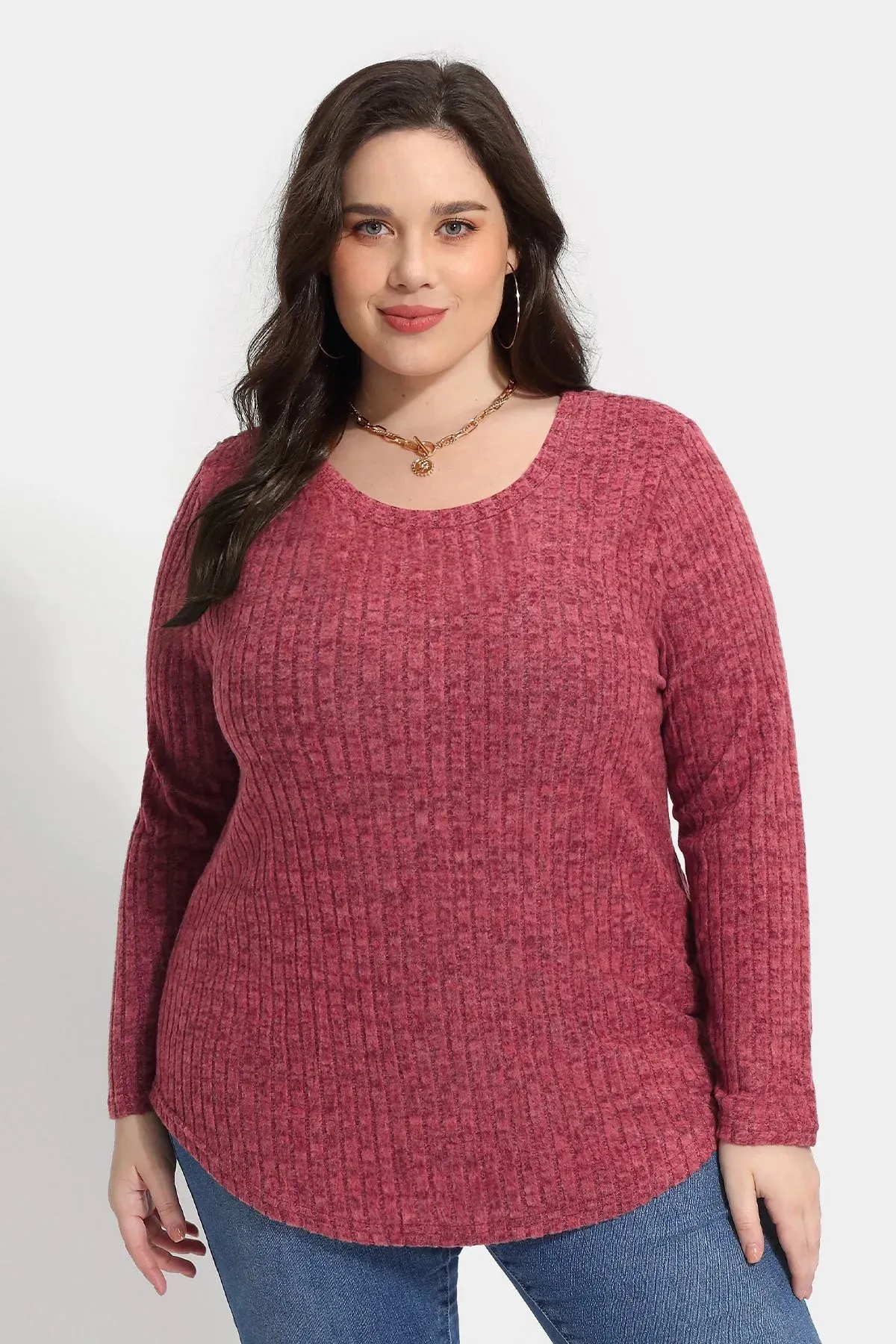 Solid Texture Crewneck Velvet Basic Top Sweater