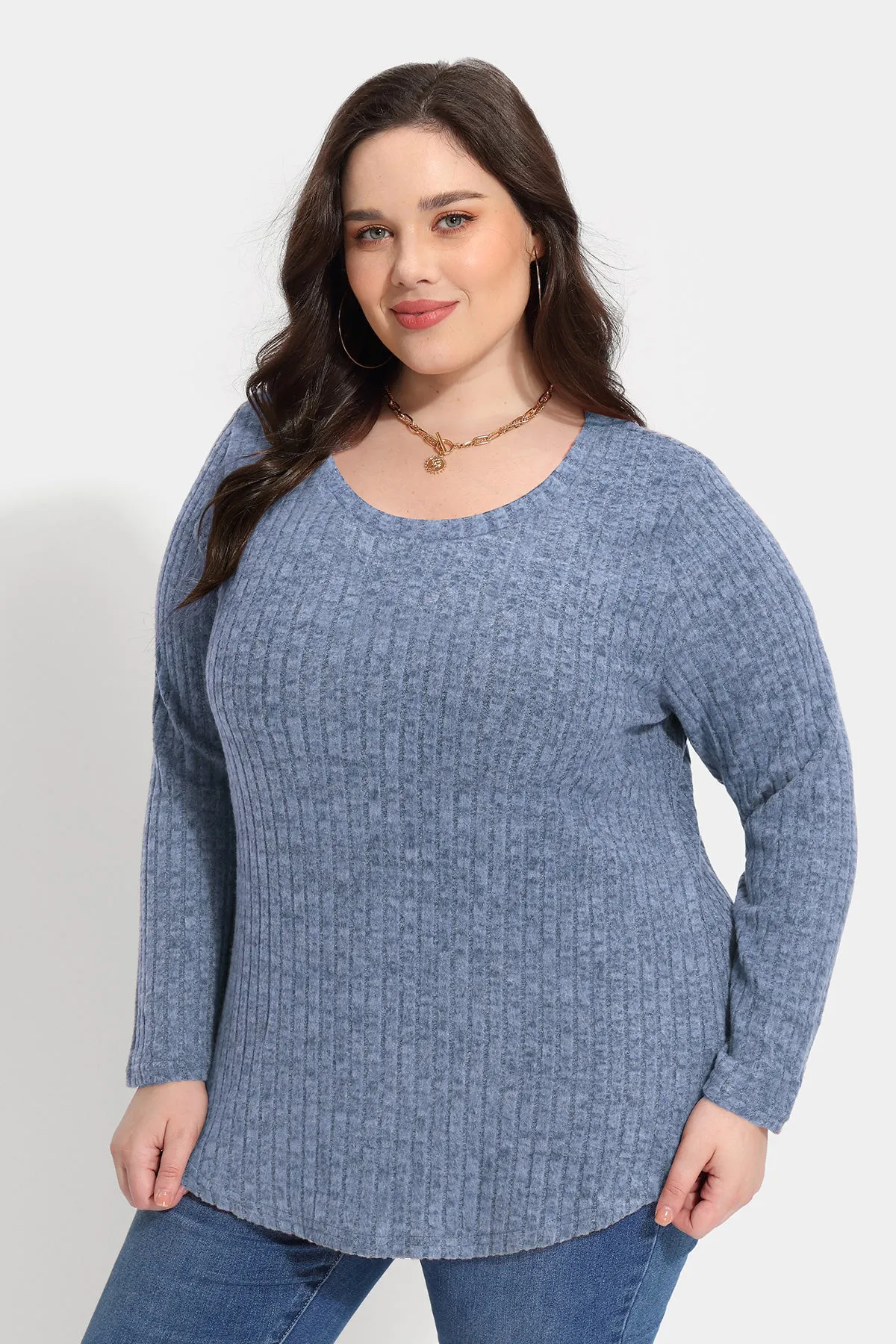 Solid Texture Crewneck Velvet Basic Top Sweater