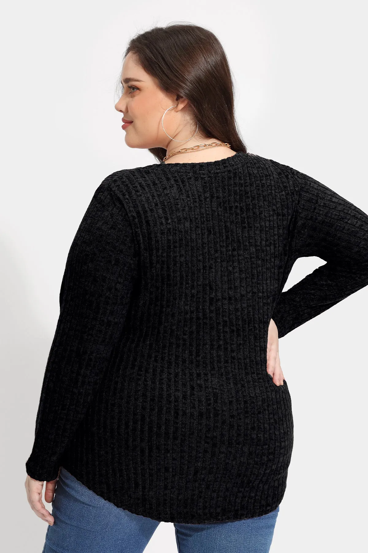 Solid Texture Crewneck Velvet Basic Top Sweater