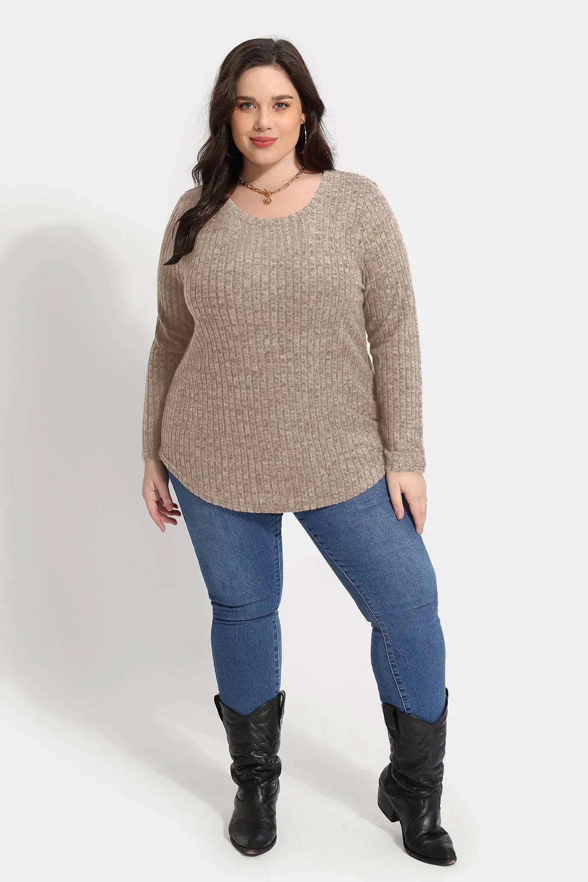 Solid Texture Crewneck Velvet Basic Top Sweater