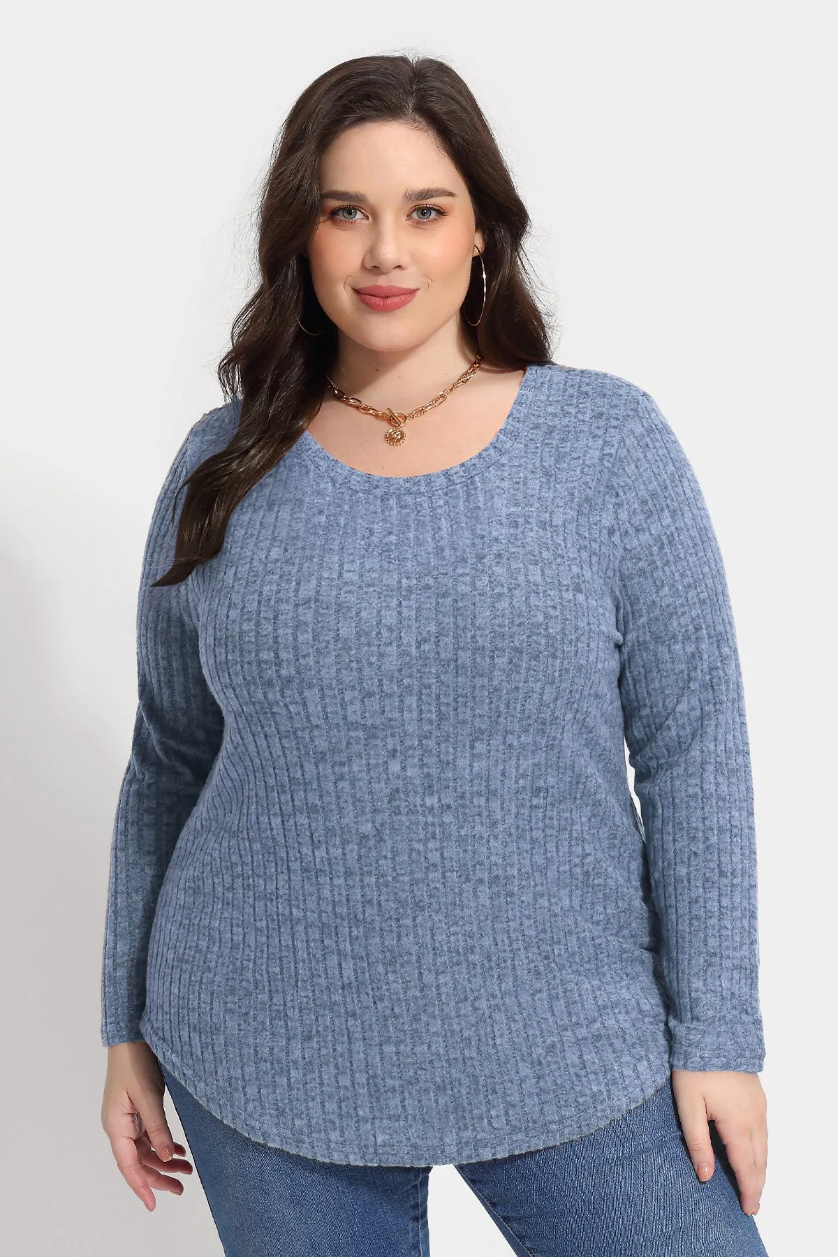 Solid Texture Crewneck Velvet Basic Top Sweater