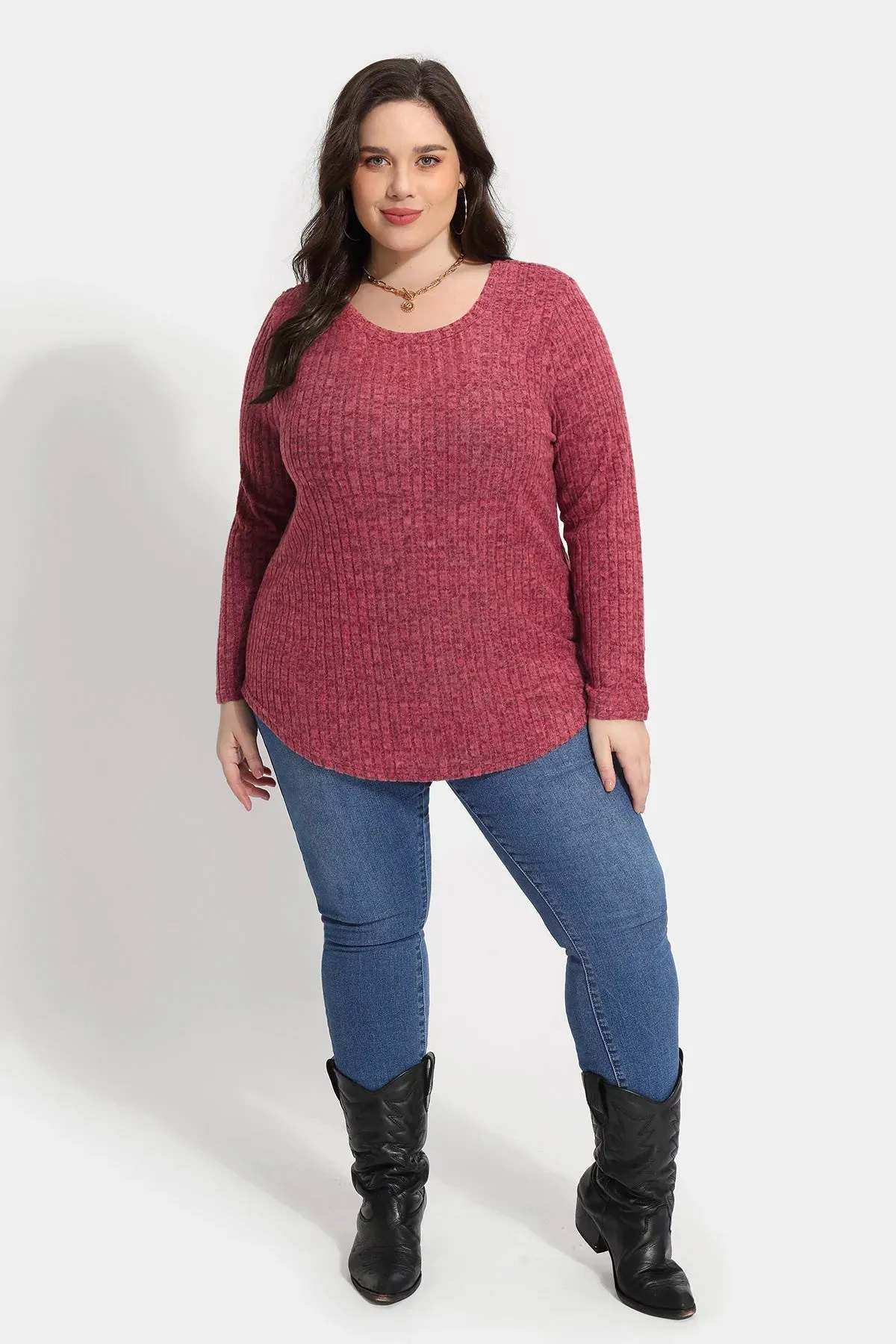 Solid Texture Crewneck Velvet Basic Top Sweater